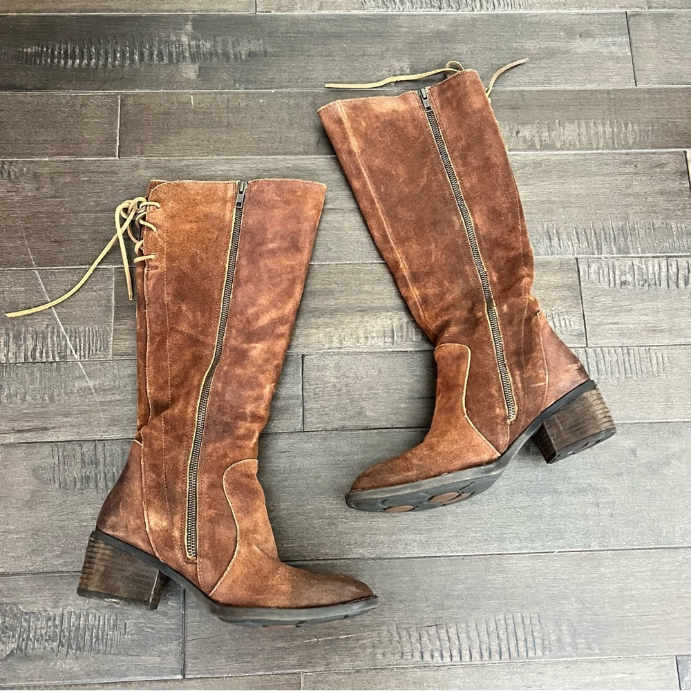 BORN Felicia Distressed Suede Leather Tall Boots 9.5 Lace Up Western Rust Womens - Picture 4 of 6